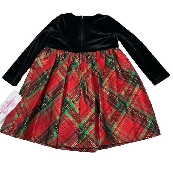Bonnie Jean Holiday Dress Girls 2T Black Velvet Plaid Taffeta Green Glitter Bow - Picture 2 of 7